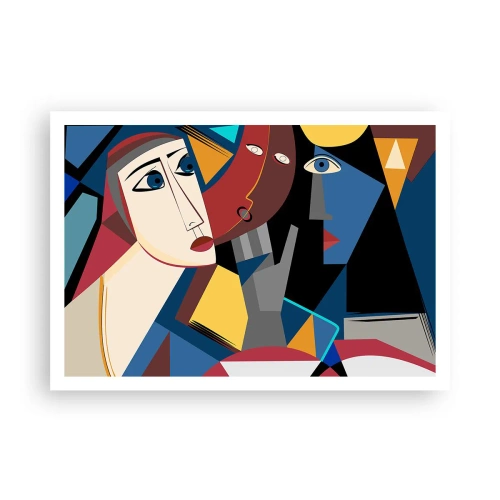 Plakat - Kubistyczne twarze w intensywnych kolorach - 100x70cm - Rozmowa kubistów - Nowoczesna dekoracja ścienna do salonu i sypialni ARTTOR