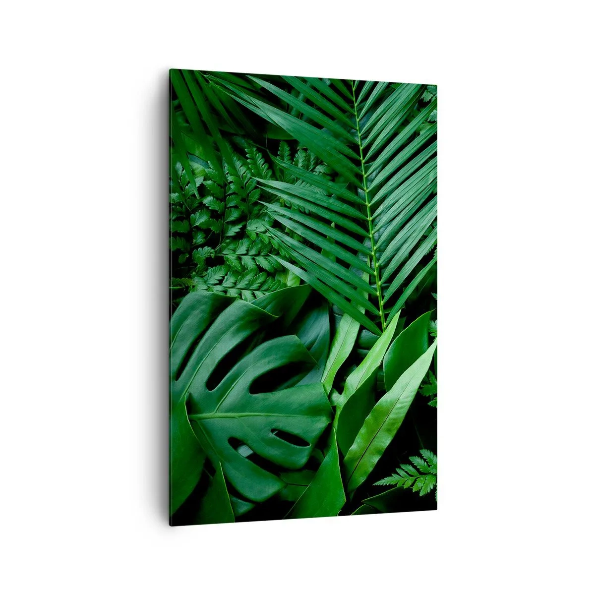 Obraz na płótnie - Zielone liście tropikalne w gęstej i naturalnej kompozycji - 80x120cm - Utulone w zieleni - Nowoczesna dekoracja ścienna do salonu i sypialni ARTTOR
