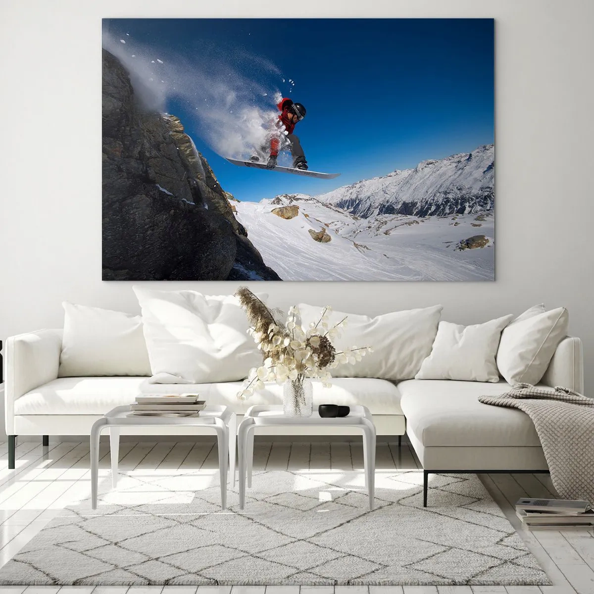 Obraz na szkle - Snowboardzista w skoku na tle górskiej scenerii - 100x70cm - I stałeś się częścią przestrzeni - Nowoczesna dekoracja ścienna do salonu, kuchni i sypialni ARTTOR