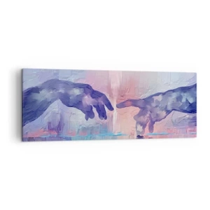Obraz na płótnie - Symboliczne dłonie w abstrakcyjnych barwach, odwołujące się do motywu stworzenia - 140x50cm - Boska iskra życia - Nowoczesna dekoracja ścienna do salonu i sypialni ARTTOR