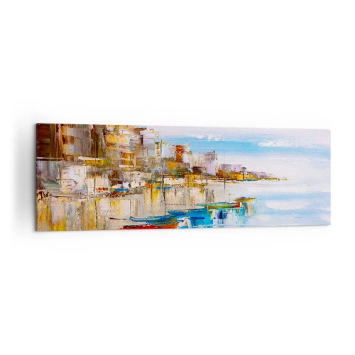 Obraz na płótnie - Kolorowe łodzie przy brzegu z widokiem na miejską panoramę - 160x50cm - Wielobarwna miejska przystań - Nowoczesna dekoracja ścienna do salonu i sypialni ARTTOR