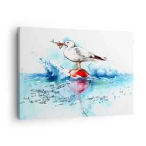 Obraz na płótnie - Mewa na boi z rybami w tle w akwarelowym stylu - 70x50cm - Udany połów - Nowoczesna dekoracja ścienna do salonu i sypialni ARTTOR