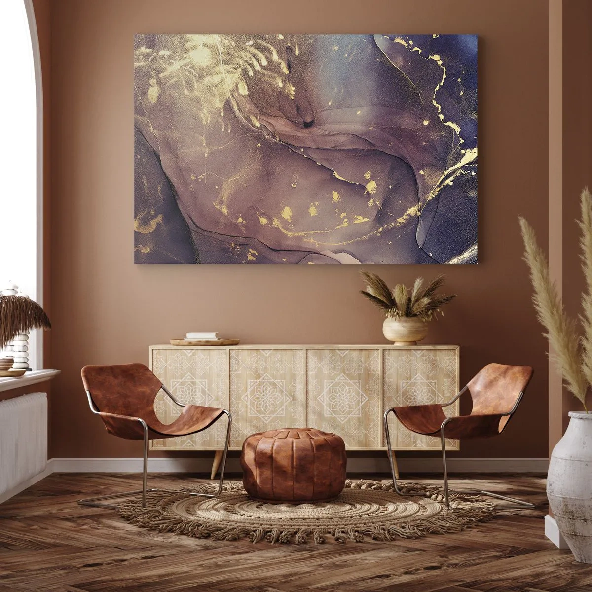 Obraz na płótnie - Abstrakcyjna kompozycja z odcieniami złota i fioletu - 70x50cm - Materia i duch - Nowoczesna dekoracja ścienna do salonu i sypialni ARTTOR