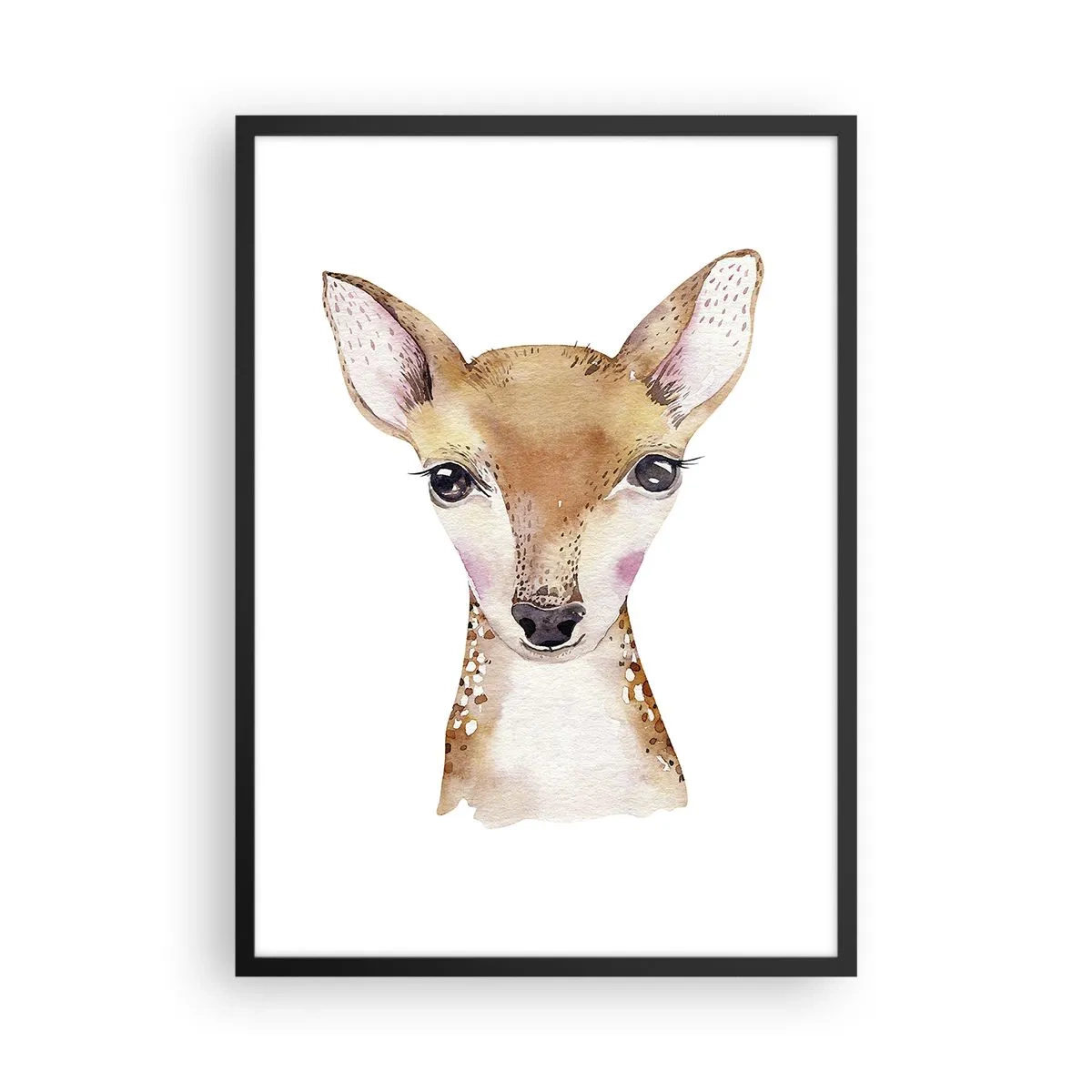 Plakat w czarnej ramie - Akwarelowy portret młodego jelonka na białym tle - 50x70cm - Natura niewinności - Nowoczesna dekoracja ścienna do salonu i sypialni ARTTOR