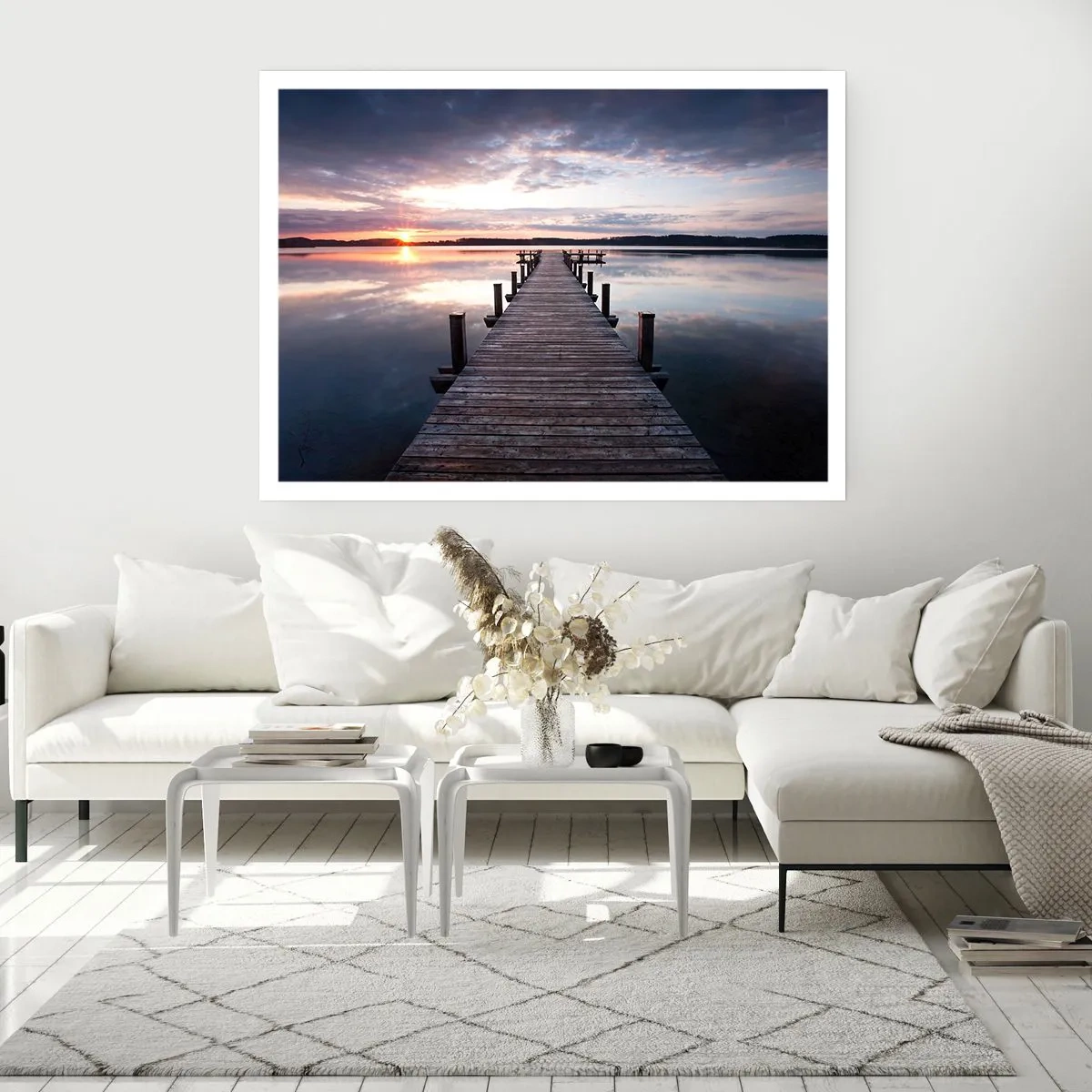 Plakat - Pomost na jeziorze o zachodzie słońca w spokojnym krajobrazie - 100x70cm - Cicha granica dnia i nocy - Nowoczesna dekoracja ścienna do salonu i sypialni ARTTOR