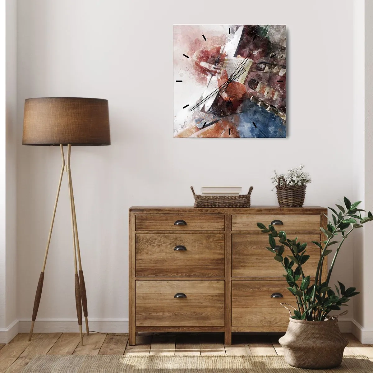 Zegar ścienny - Artystyczne ujęcie gitary w akwarelowym stylu - 30x30cm - I co o tym myślisz? - Nowoczesna dekoracja ścienna do salonu i sypialni ARTTOR
