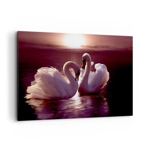 Obraz na płótnie - Dwa łabędzie na spokojnym jeziorze o zachodzie słońca - 120x80cm - Aż śmierć nas nie rozłączy - Nowoczesna dekoracja ścienna do salonu, kuchni i sypialni ARTTOR