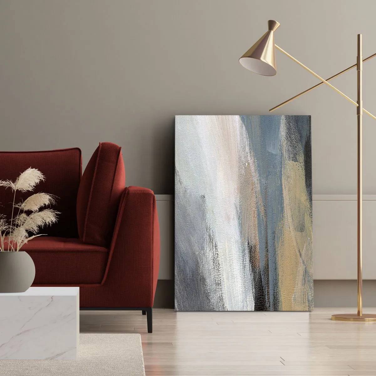 Obraz na płótnie - Abstrakcyjny obraz w odcieniach beżu i błękitu inspirowany naturą - 50x70cm - Abstrakcja: pejzaż północny - Nowoczesna dekoracja ścienna do salonu, kuchni i sypialni ARTTOR