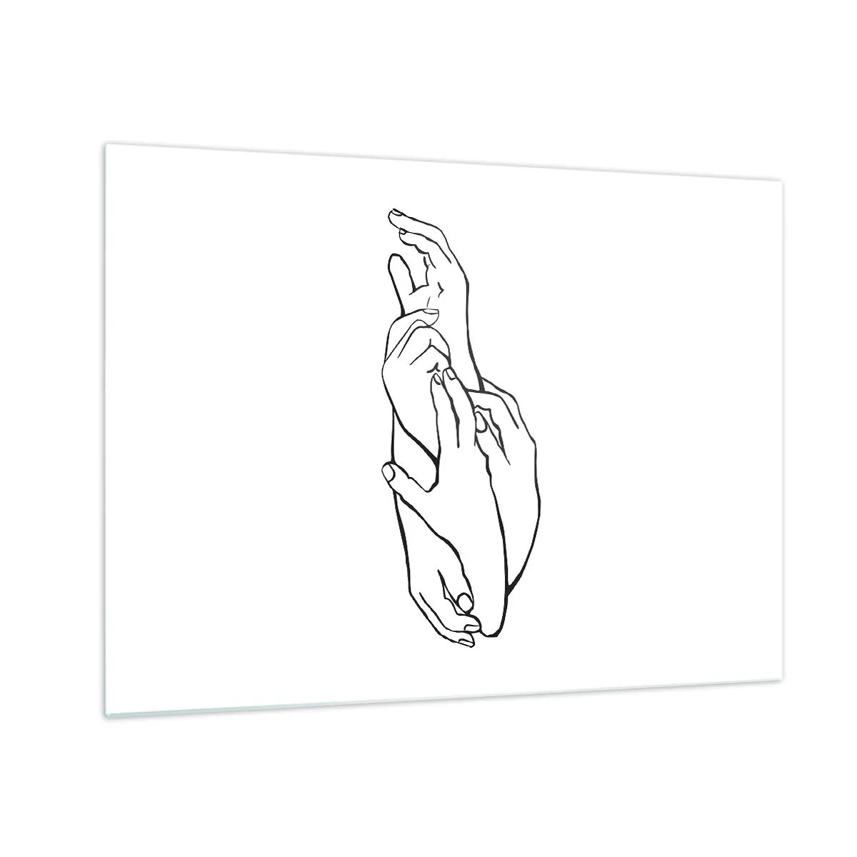 Obraz na szkle - Subtelny linearny rysunek splecionych dłoni na białym tle - 70x50cm - Dobry dotyk - Nowoczesna dekoracja ścienna do salonu i sypialni ARTTOR