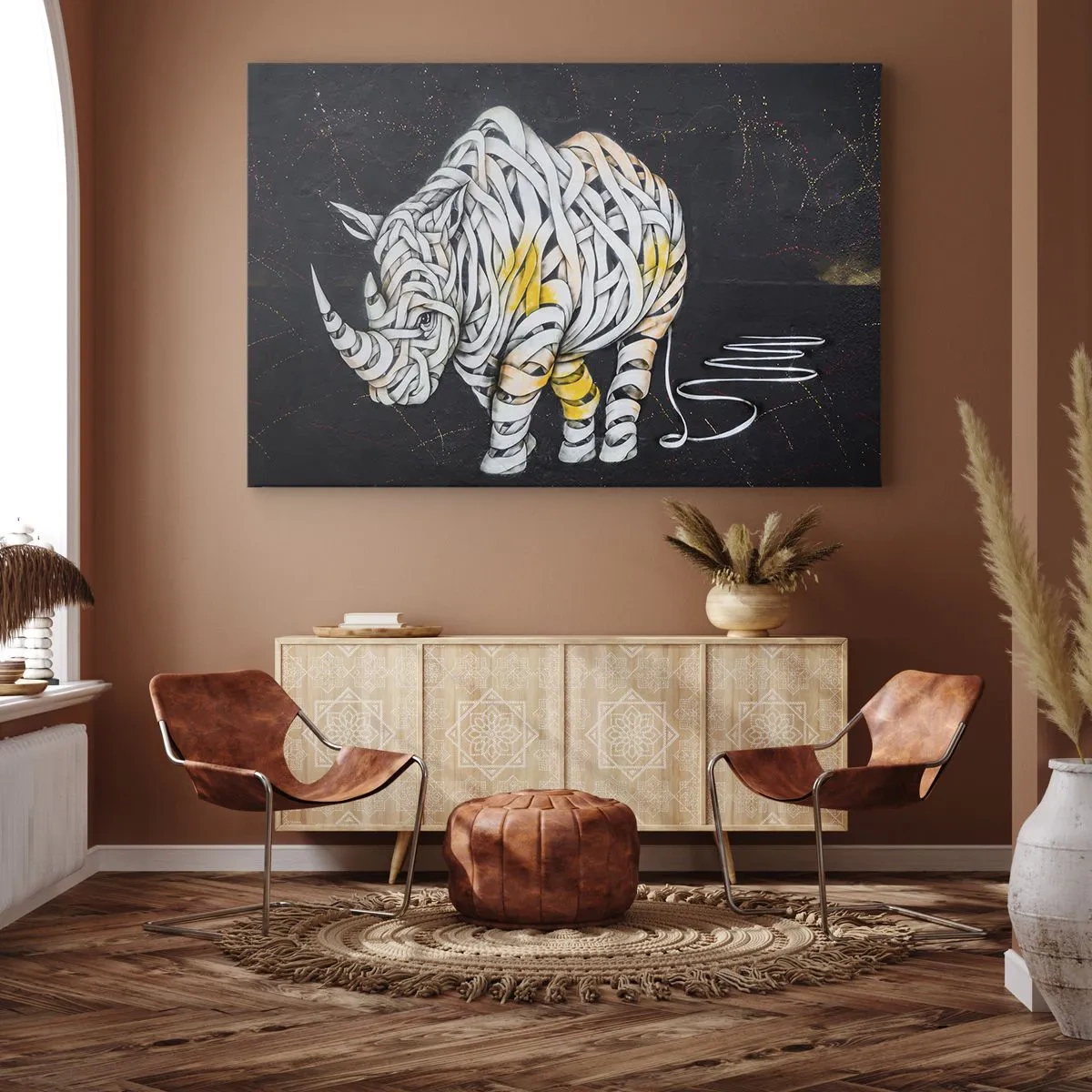 Obraz na płótnie - Rzeźbiony nosorożec z abstrakcyjnych pasów na ciemnym tle - 120x80cm - Gruboskórność to mit - Nowoczesna dekoracja ścienna do salonu, kuchni i sypialni ARTTOR
