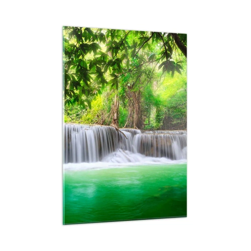 Obraz na szkle - Wodospad w tropikalnym lesie z krystalicznie czystą wodą - 50x70cm - Kaskada w zieleni - Nowoczesna dekoracja ścienna do salonu, kuchni i sypialni ARTTOR