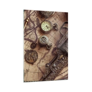 Obraz na szkle - Zabytkowe przedmioty na starej mapie w retro stylu - 80x120cm - Przygoda wzywa - Nowoczesna dekoracja ścienna do salonu i sypialni ARTTOR
