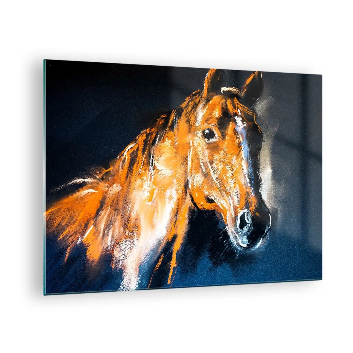 Obraz na szkle - Portret konia w intensywnych odcieniach brązu na ciemnym tle - 70x50cm - To co, jedziesz? - Nowoczesna dekoracja ścienna do salonu i sypialni ARTTOR