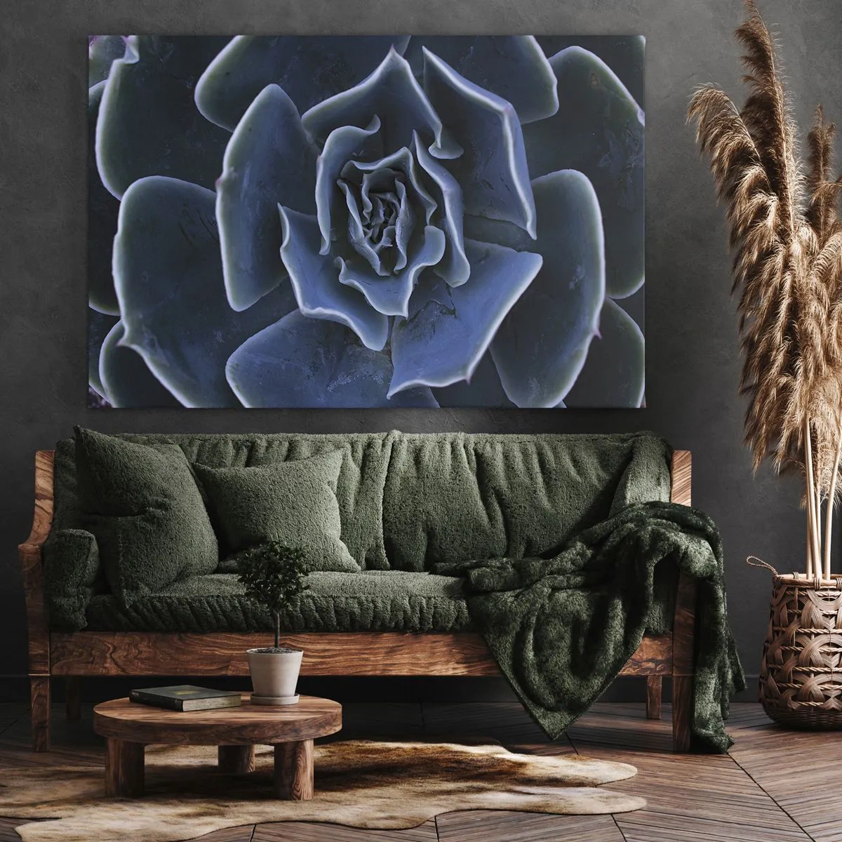 Obraz na płótnie - Zbliżenie na rozetę zielonego sukulentu - 70x50cm - Kwiat pustyni - Nowoczesna dekoracja ścienna do salonu i sypialni ARTTOR