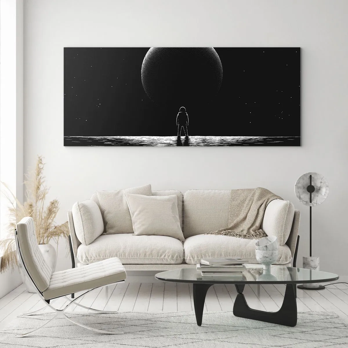 Obraz na szkle - Astronauta na tle wielkiej planety w przestrzeni kosmicznej - 140x50cm - Twarzą w twarz - Nowoczesna dekoracja ścienna do salonu i sypialni ARTTOR