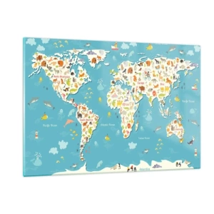Obraz na szkle - Kolorowa mapa świata z motywami zwierząt i oceanu - 120x80cm - Kochamy cały świat - Nowoczesna dekoracja ścienna do salonu, kuchni i sypialni ARTTOR