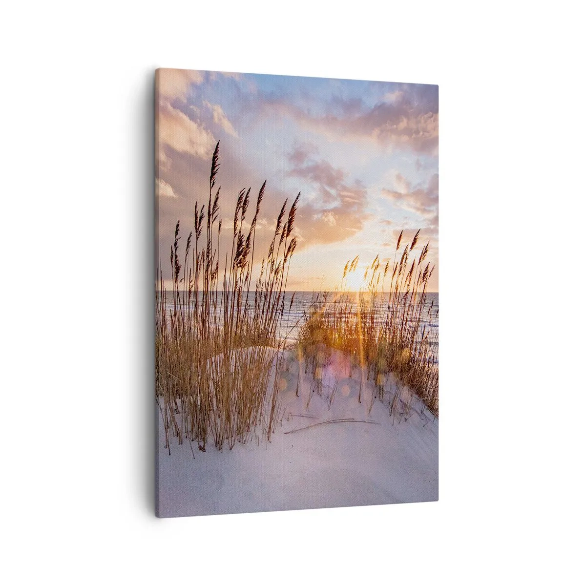 Obraz na płótnie - Trawy na wydmach o zachodzie słońca nad morzem - 50x70cm - Pożegnanie słońca i wiatru - Nowoczesna dekoracja ścienna do salonu, kuchni i sypialni ARTTOR