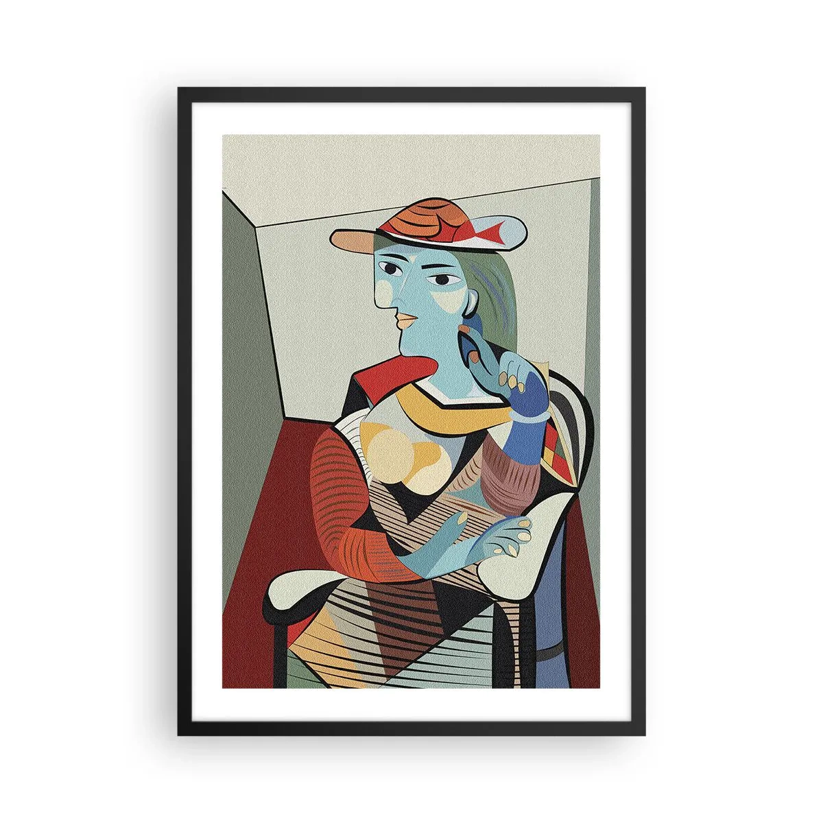Plakat w czarnej ramie - Kubistyczny portret kobiety w kapeluszu - 50x70cm - Oczami Picassa - Nowoczesna dekoracja ścienna do salonu i sypialni ARTTOR