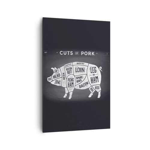 Obraz na płótnie - Diagram cięć wieprzowych na czarnym tle - 80x120cm - Elementarz masarza - Nowoczesna dekoracja ścienna do salonu i sypialni ARTTOR