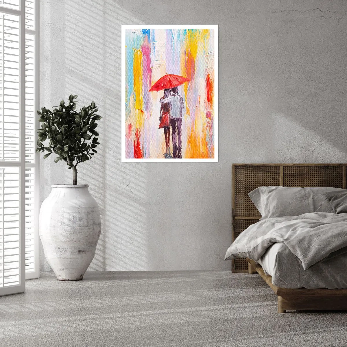 Plakat - Romantyczna scena z parą pod czerwoną parasolką na tle miasta - 50x70cm - Niech pada dalej - Nowoczesna dekoracja ścienna do salonu, kuchni i sypialni ARTTOR