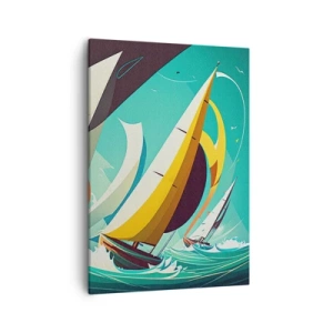 Obraz na płótnie - Dynamiczne żaglówki na wzburzonym morzu w stylu retro - 50x70cm - Z żywiołami za pan brat - Nowoczesna dekoracja ścienna do salonu, kuchni i sypialni ARTTOR