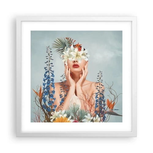 Plakat w białej ramie - Kobieta – kwiat - 40x40 cm