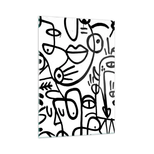 Obraz na szkle - Czarno-biała abstrakcja z oczami, twarzami i liniami - 50x70cm - Twarze i miraże - Nowoczesna dekoracja ścienna do salonu, kuchni i sypialni ARTTOR