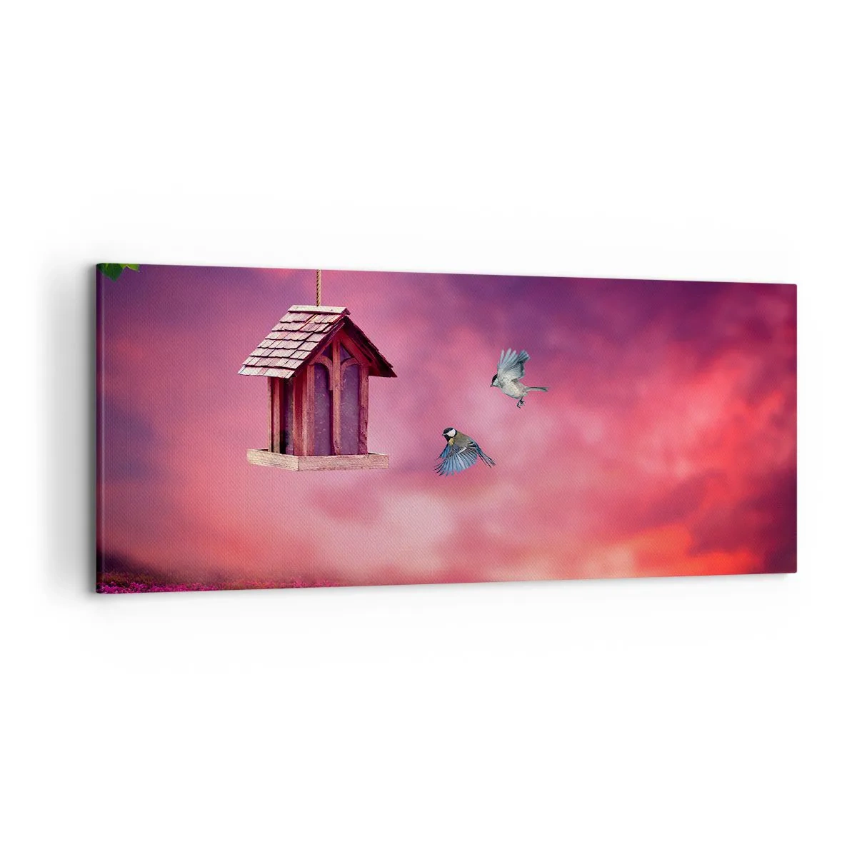 Obraz na płótnie - Malowniczy krajobraz z budką dla ptaków i zachodem słońca - 120x50cm - Zaproszenie na kolację - Nowoczesna dekoracja ścienna do salonu i sypialni ARTTOR