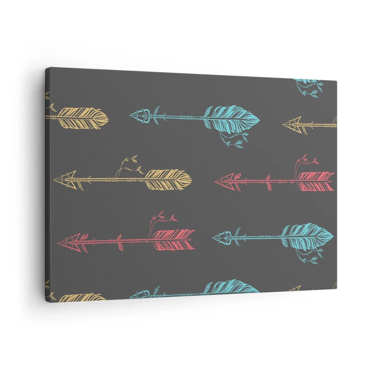 Obraz na płótnie - Stylizowany wzór strzał w pastelowych kolorach na ciemnym tle - 70x50cm - W ordynku - Nowoczesna dekoracja ścienna do salonu i sypialni ARTTOR