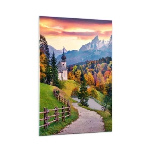 Obraz na szkle - Jesienna górska sceneria z kapliczką i zachodem słońca - 70x100cm - Pejzaż jak malowanie - Nowoczesna dekoracja ścienna do salonu i sypialni ARTTOR