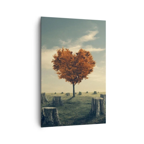Obraz na płótnie - Drzewo w kształcie serca na polu z pniami, symbol nadziei - 80x120cm - Wciąż jest nadzieja - Nowoczesna dekoracja ścienna do salonu i sypialni ARTTOR