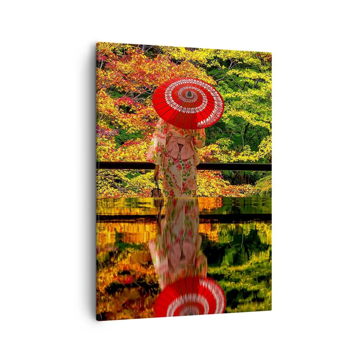 Obraz na płótnie - Kobieta w kimonie z czerwonym parasolem na tle jesiennych liści - 50x70cm - W świątyni natury - Nowoczesna dekoracja ścienna do salonu, kuchni i sypialni ARTTOR