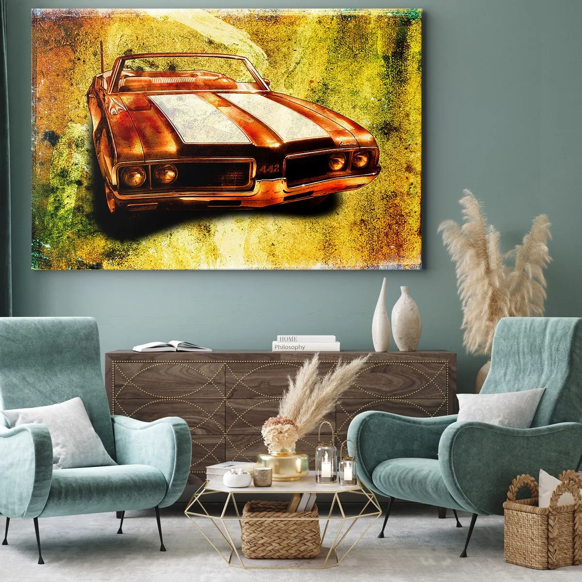 Obraz na płótnie - Sportowy kabriolet retro w złotych odcieniach na tle vintage - 120x80cm - Moc zaklęta w kształtach - Nowoczesna dekoracja ścienna do salonu, kuchni i sypialni ARTTOR
