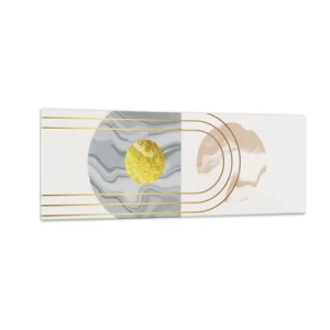 Obraz na szkle - Abstrakcyjna kompozycja z okręgami i złotymi liniami na jasnym tle - 140x50cm - Jasność i blask - Nowoczesna dekoracja ścienna do salonu i sypialni ARTTOR