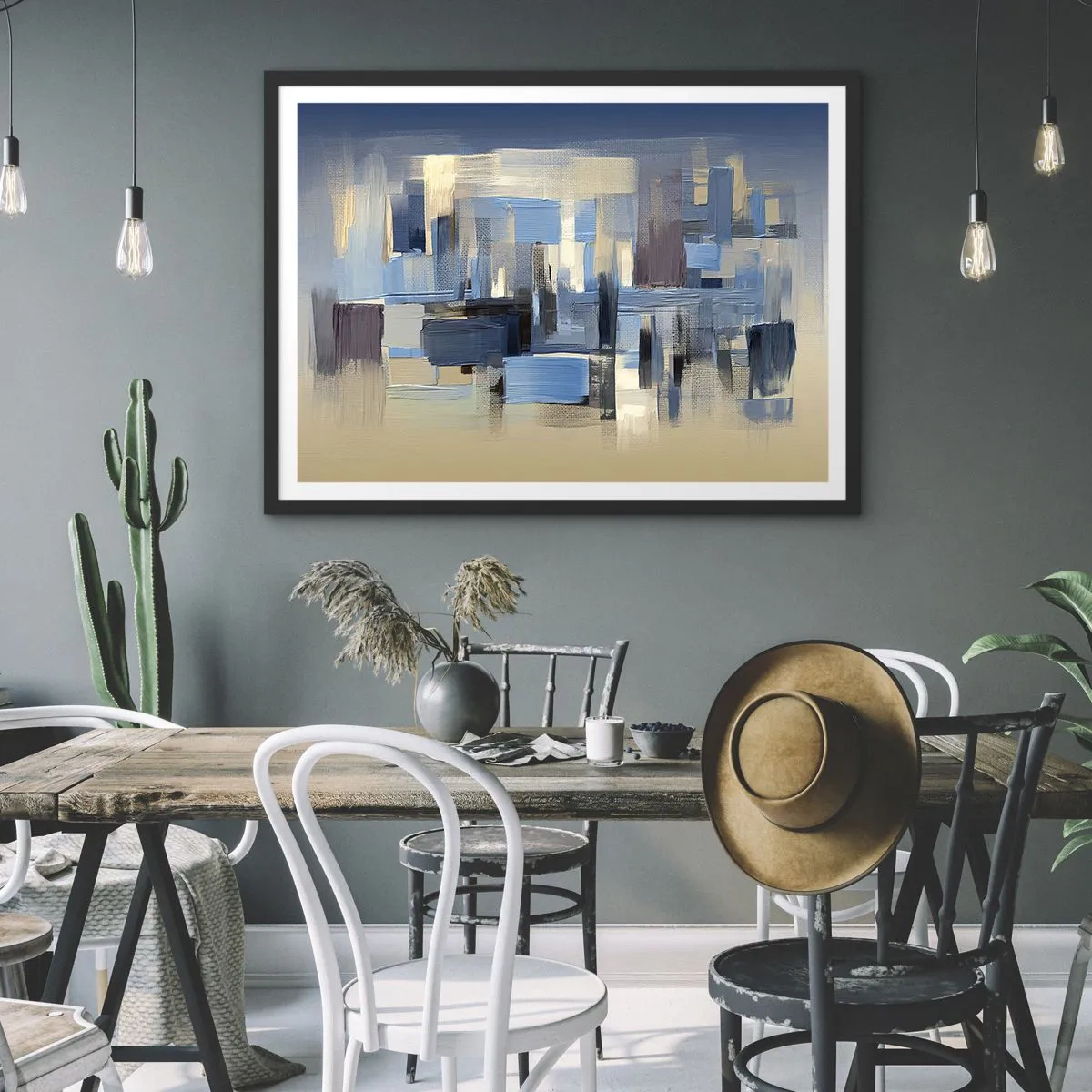 Plakat w czarnej ramie - Geometryczne formy w odcieniach błękitu i beżu - 70x50cm - Błękitna konstrukcja - Nowoczesna dekoracja ścienna do salonu i sypialni ARTTOR