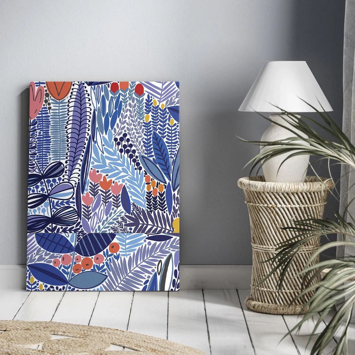 Obraz na płótnie - Geometryczny wzór roślinny w odcieniach błękitu - 50x70cm - Hawajski ogród - Nowoczesna dekoracja ścienna do salonu, kuchni i sypialni ARTTOR