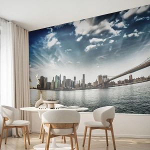 Fototapeta Premium Canvas - Panorama miasta z mostem na tle błękitnego nieba - 100x70cm - Szklana wyspa - Nowoczesna dekoracja ścienna do salonu i sypialni ARTTOR