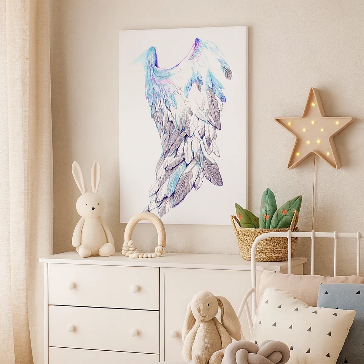 Obraz na płótnie - Ilustracja skrzydła z piór w technice akwareli - 50x70cm - Trzeba mi skrzydeł - Nowoczesna dekoracja ścienna do salonu, kuchni i sypialni ARTTOR