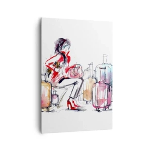 Obraz na płótnie - Kobieta z walizkami w dynamicznej akwarelowej ilustracji - 70x100cm - Siądźmy przed podróżą - Nowoczesna dekoracja ścienna do salonu i sypialni ARTTOR