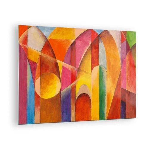 Obraz na szkle - Kolorowa abstrakcja z geometrycznymi kształtami - 70x50cm - Katedra słońca - Nowoczesna dekoracja ścienna do salonu i sypialni ARTTOR