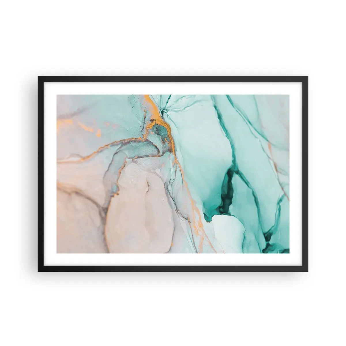 Plakat w czarnej ramie - Abstrakcyjna kompozycja w odcieniach turkusu i złota - 70x50cm - Taniec kształtów i barw - Nowoczesna dekoracja ścienna do salonu i sypialni ARTTOR