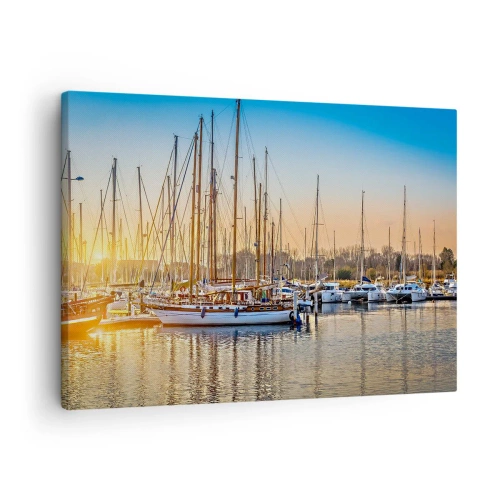 Obraz na płótnie - Zachód słońca nad mariną pełną żaglówek - 70x50cm - Wiatr też musi spać - Nowoczesna dekoracja ścienna do salonu i sypialni ARTTOR