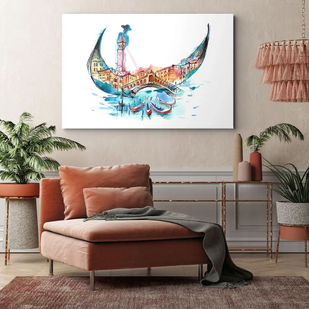 Obraz na płótnie - Akwarelowa kompozycja Wenecji w kształcie gondoli - 100x70cm - Płyniemy przez miasto - Nowoczesna dekoracja ścienna do salonu, kuchni i sypialni ARTTOR