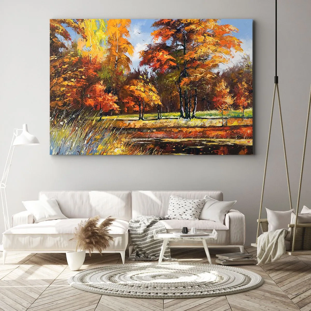 Obraz na płótnie - Jesienny pejzaż z kolorowymi drzewami i stawem - 70x50cm - Pejzaż w złocie i brązie - Nowoczesna dekoracja ścienna do salonu i sypialni ARTTOR