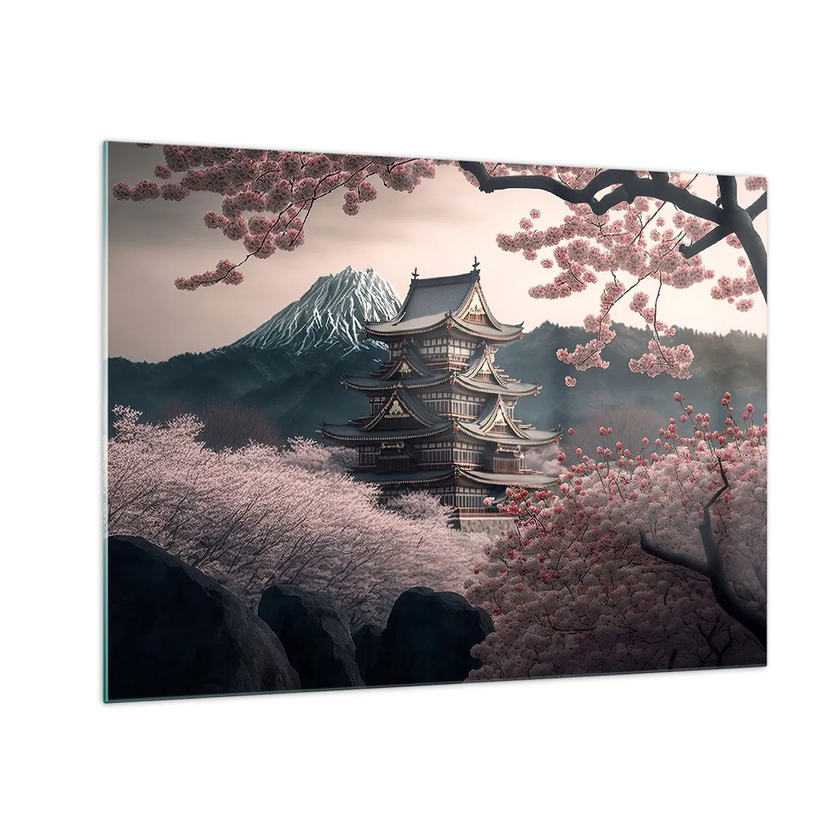 Obraz na szkle - Tradycyjna japońska pagoda wśród kwitnących wiśni i gór - 70x50cm - Kraj kwitnącej wiśni - Nowoczesna dekoracja ścienna do salonu i sypialni ARTTOR