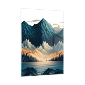 Obraz na szkle - Stylizowany krajobraz górski z lasem i jeziorem - 50x70cm - Pejzaż górski doskonały - Nowoczesna dekoracja ścienna do salonu, kuchni i sypialni ARTTOR