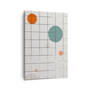 Obraz na płótnie - Abstrakcyjne okręgi w kolorach na tle geometrycznej siatki - 70x100cm - Uwięzione. My czy one? - Nowoczesna dekoracja ścienna do salonu i sypialni ARTTOR