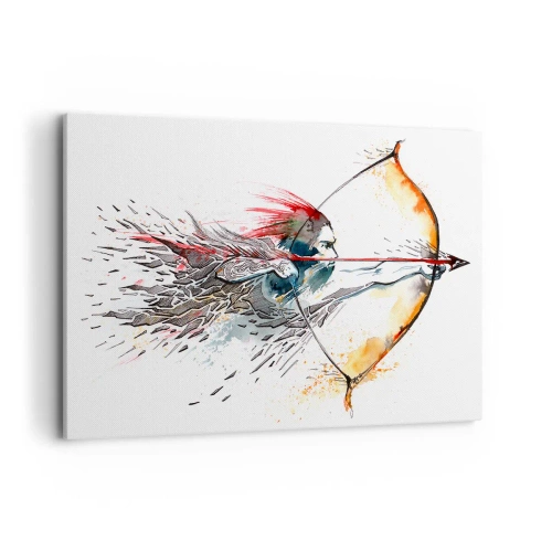 Obraz na płótnie - Dynamiczna akwarela wojownika z łukiem i strzałą - 120x80cm - Mityczny wojownik z ognistym łukiem - Nowoczesna dekoracja ścienna do salonu, kuchni i sypialni ARTTOR