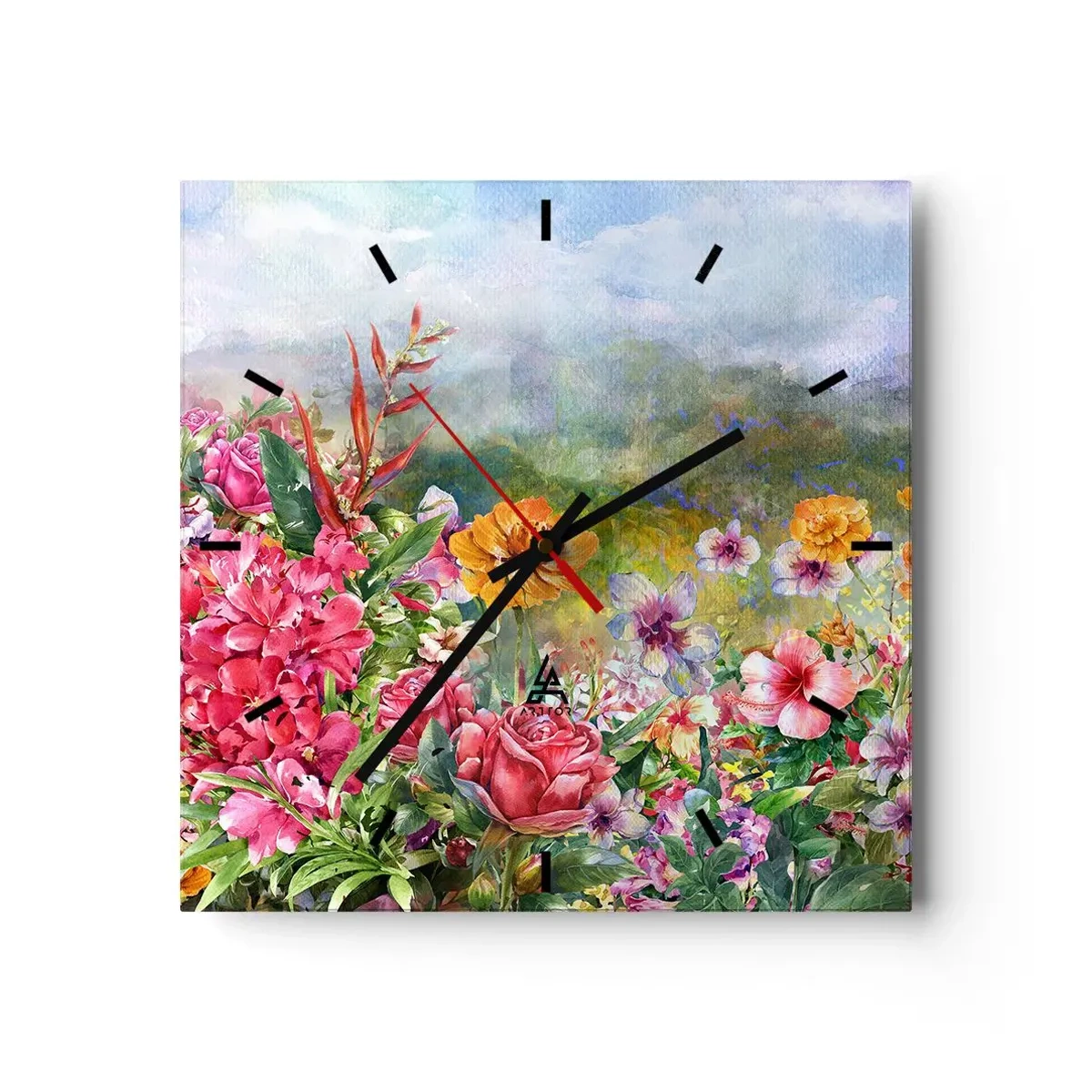 Zegar ścienny - Barwna kompozycja kwiatów na tle pejzażu w pastelowych kolorach - 30x30cm - Ogród, który oszalał - Nowoczesna dekoracja ścienna do salonu i sypialni ARTTOR