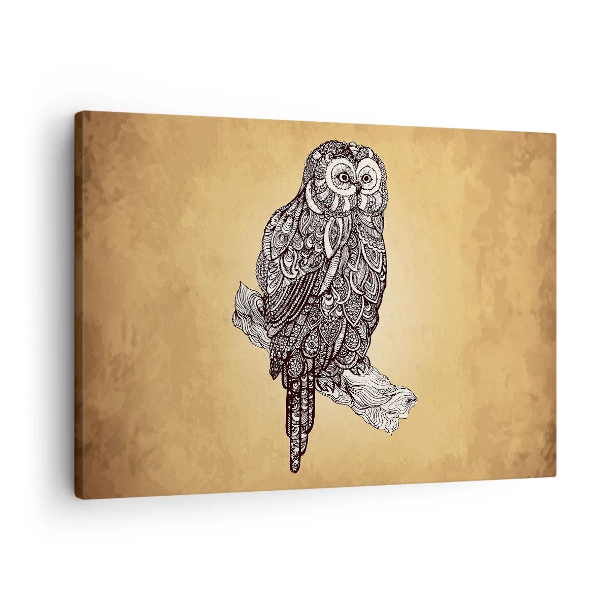 Obraz na płótnie - Sowa w ornamentalnym stylu na tle w odcieniach beżu - 70x50cm - Misterne ornamenty mądrości - Nowoczesna dekoracja ścienna do salonu i sypialni ARTTOR